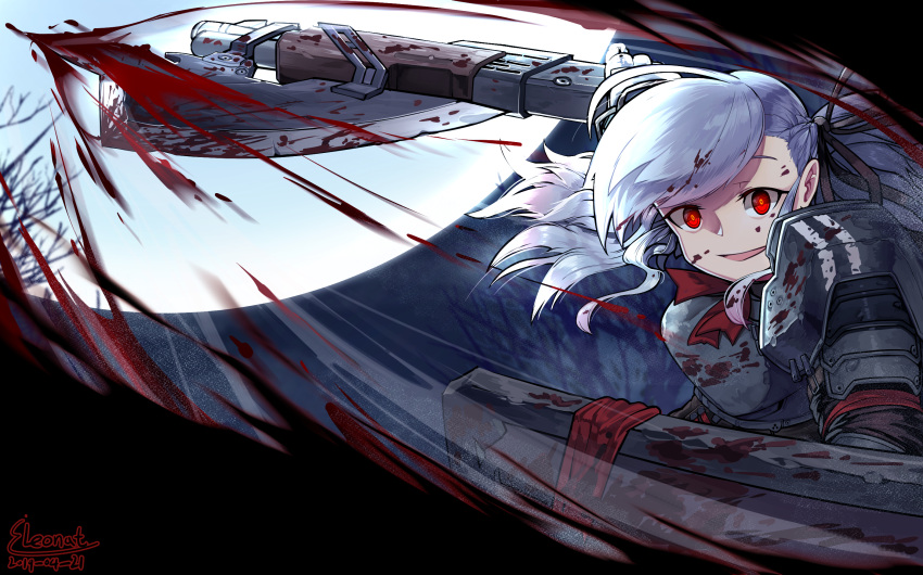 1girl, alternate_costume, armor, axe, bangs, black_ribbon, blood, blood_splatter