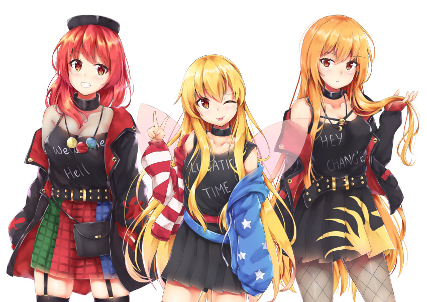 3girls, ;p, absurdres, adapted_costume, akiteru98, american_flag_jacket, american_flag_legwear, bag
