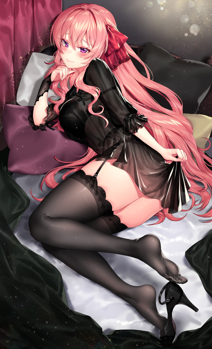 1girl, absurdres, bangs, black_bra, black_dress, black_footwear, black_gloves, blush