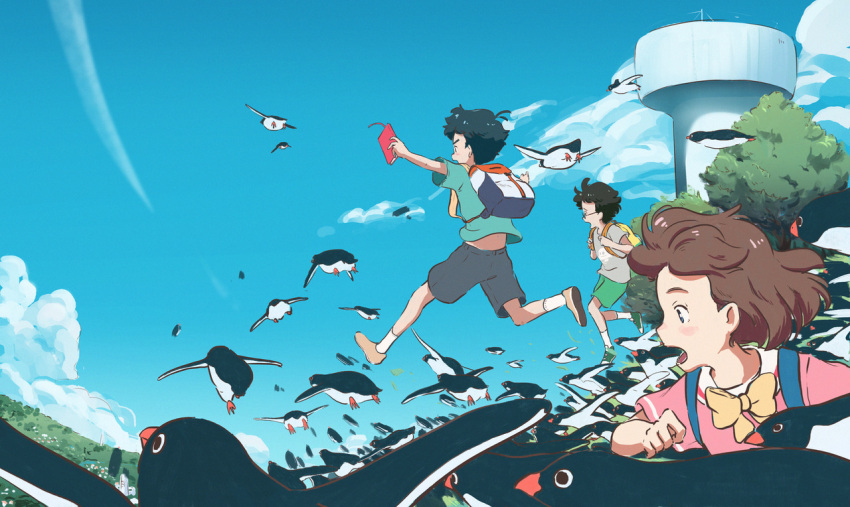 1girl, 2boys, aoyama-kun_(penguin_highway), backpack, bag, bird, black_hair, blue_sky, bow, brown_footwear, brown_hair, child, clouds, day, green_footwear, multiple_boys, outdoors, penguin, penguin_highway, shirt, shoes, short_hair, short_sleeves, shorts, sky, socks, t-shirt, tree, uchida-kun_(penguin_highway), yellow_bow