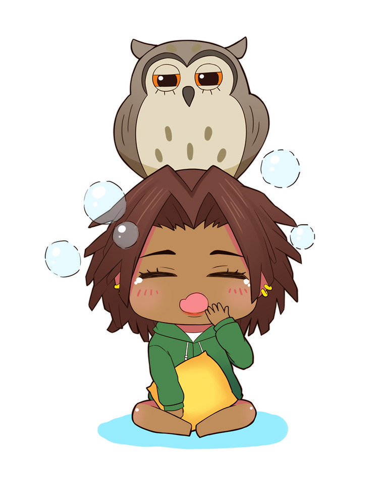 bird, blush, brown_eyes, brown_hair, bubble, carole_&amp;_tuesday, carole_(carole_&amp;_tuesday), chibi, dichiki, earrings, hood, hoodie, hoop_earrings, jewelry, open_mouth, owl, waking_up, yawning
