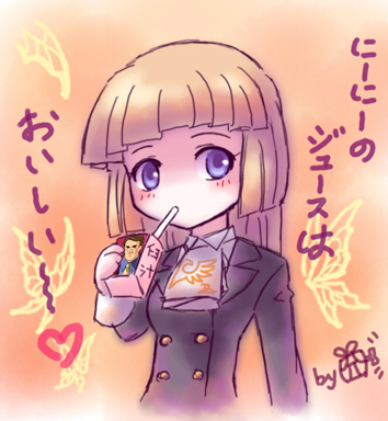 blonde_hair, blue_eyes, blunt_bangs, cameo, hime_cut, lowres, orange541, orange_(pixiv)