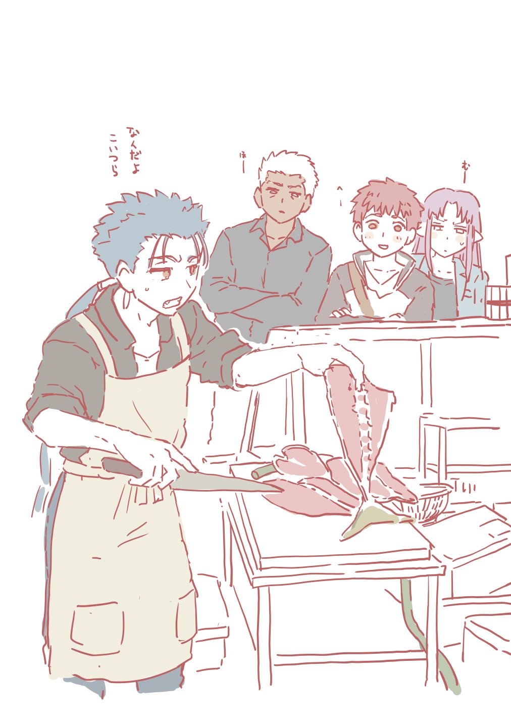 1girl, 3boys, apron, archer, bangs, blue_hair, box, butchering, caster, comic, commentary_request, crossed_arms, dark_skin, emiya-san_chi_no_kyou_no_gohan, emiya_shirou, fate_(series), fish, highres, jacket, knife, lancer, long_hair, low_ponytail, mo_(kireinamo), multiple_boys, orange_hair, pants, parted_bangs, pointy_ears, ponytail, purple_hair, shirt, sleeves_rolled_up, spiky_hair, standing, sweatdrop, translation_request, white_hair
