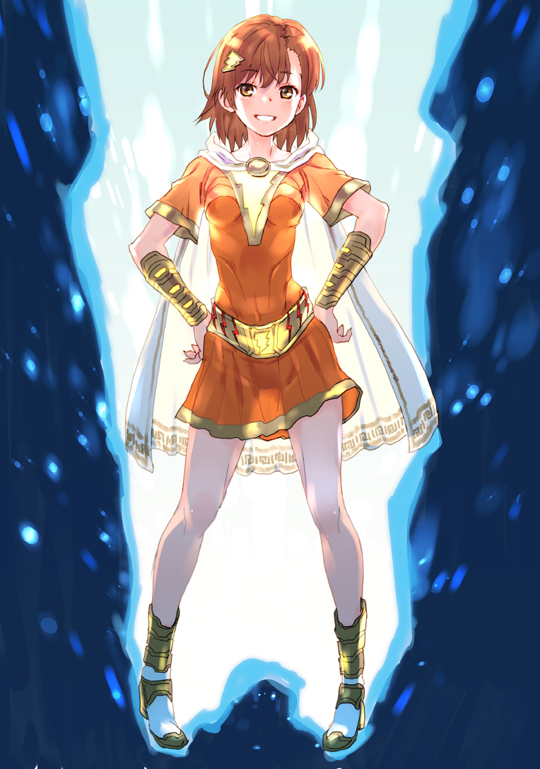 1girl, adapted_costume, brown_eyes, brown_hair, cape, commentary_request, contrapposto, cosplay, dc_comics, detached_collar, full_body, gauntlets, hands_on_hips, looking_at_viewer, misaka_mikoto, orange_shirt, orange_skirt, parted_lips, raika9, shazam, shazam_(cosplay), shazam_(movie), shirt, short_hair, skirt, smile, solo, superhero, to_aru_kagaku_no_railgun, to_aru_majutsu_no_index, white_cape