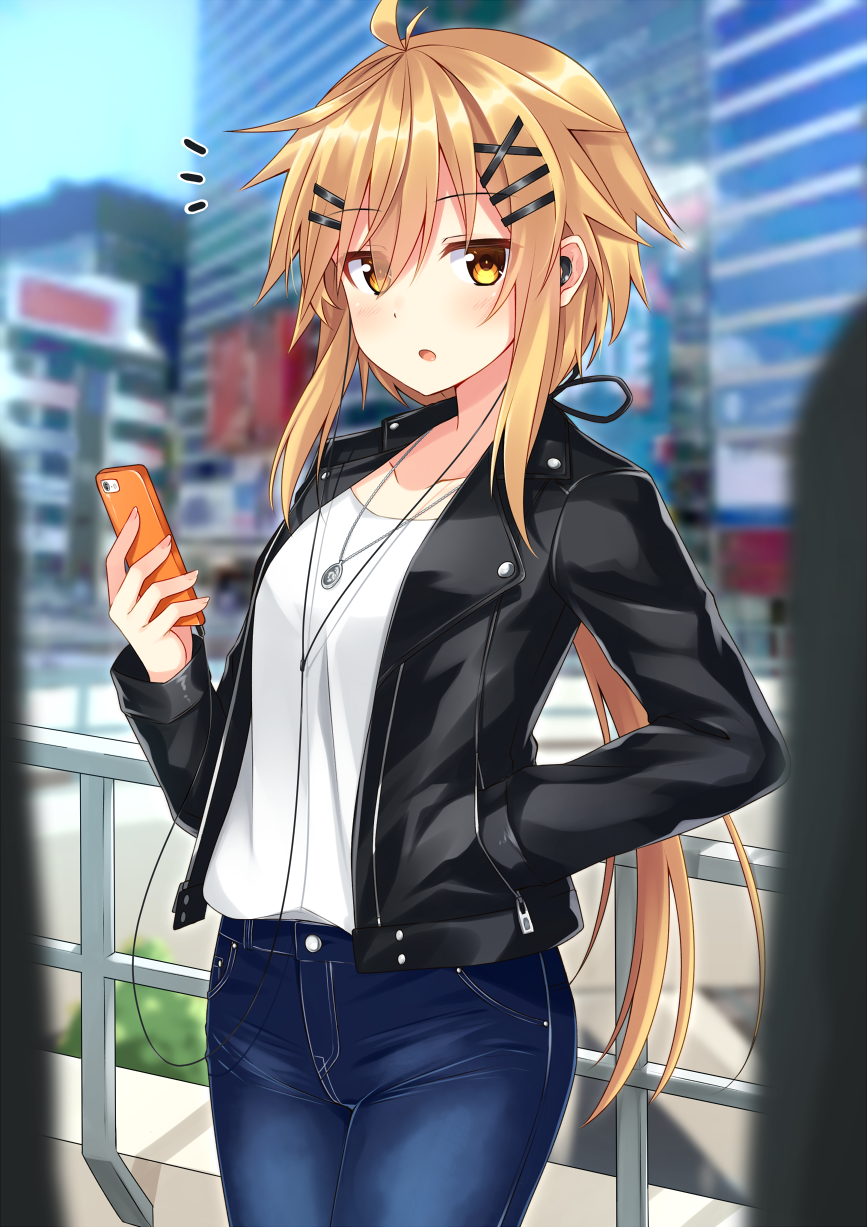 1girl, black_jacket, blonde_hair, breasts, cowboy_shot, denim, earphones, eyebrows_visible_through_hair, hair_ornament, hairclip, hand_in_pocket, highres, holding, holding_phone, jacket, jeans, komori_kuzuyu, leather, leather_jacket, long_hair, looking_at_viewer, low_ponytail, medium_breasts, original, pants, phone, shirt, solo, very_long_hair, white_shirt, yellow_eyes