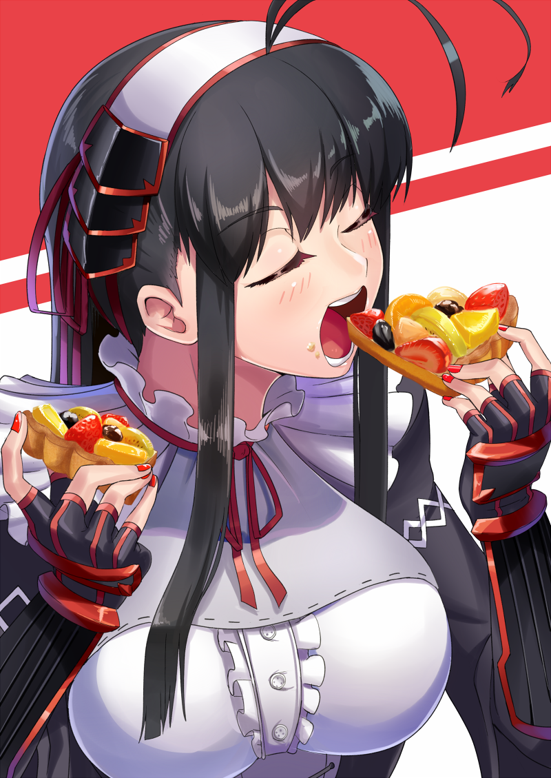 1girl, antenna_hair, arm_guards, armor, bangs, blush, breasts, cake