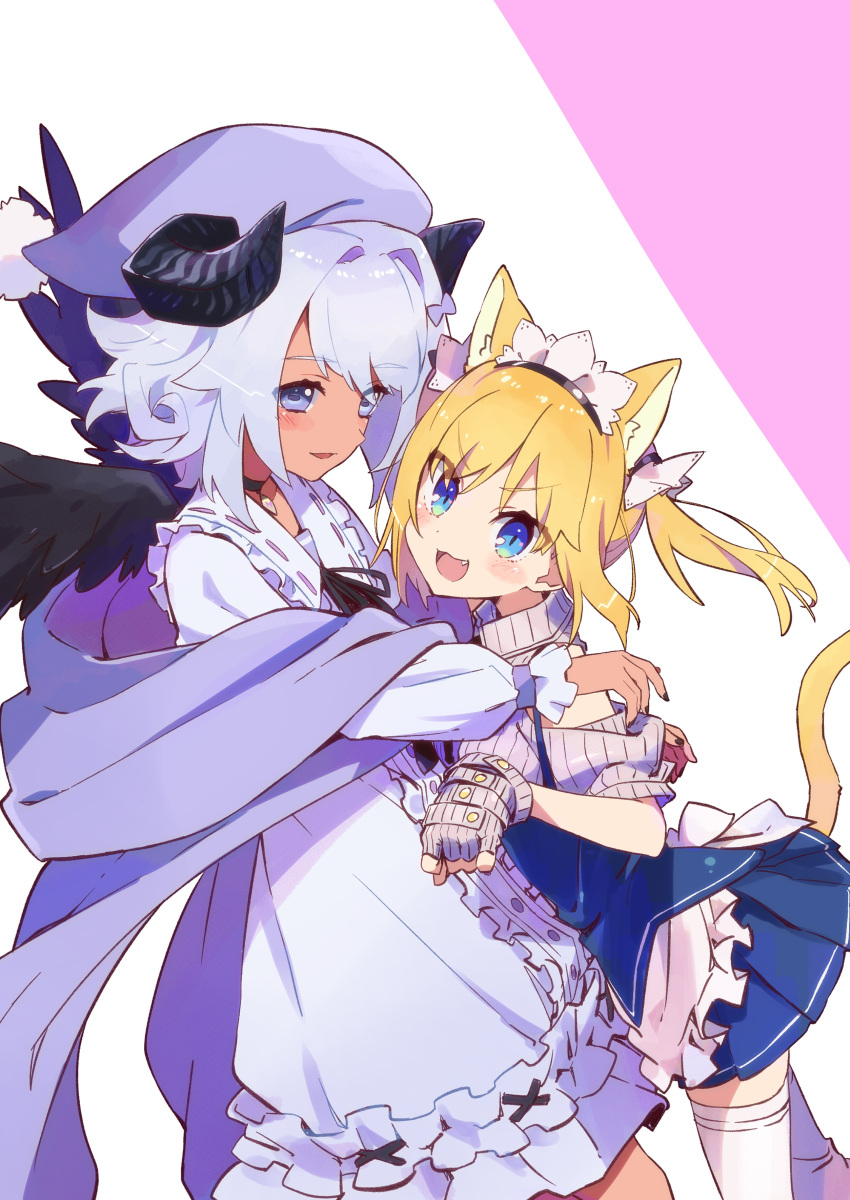 2girls, absurdres, amaryllis_class, animal_ear_fluff, animal_ears, apron, bangs, beret, black_choker, black_nails, black_ribbon, black_wings, blonde_hair, blue_dress, blue_eyes, blue_hair, blue_headwear, blue_skirt, blush, brown_gloves, brown_shirt, cat_ears, center_frills, character_request, choker, collarbone, collared_shirt, curled_horns, dark_skin, dress, eyebrows_visible_through_hair, feathered_wings, fingerless_gloves, fingernails, frilled_apron, frills, gloves, hair_between_eyes, hat, highres, horns, kemonomimi_mode, kotohara_hinari, long_hair, multiple_girls, nail_polish, neck_ribbon, pink_background, pleated_skirt, puffy_short_sleeves, puffy_sleeves, ribbed_gloves, ribbed_shirt, ribbon, ribbon-trimmed_dress, ribbon_trim, shirt, short_sleeves, skirt, tama_(tama-s), thigh-highs, twintails, two-tone_background, virtual_youtuber, waist_apron, white_apron, white_background, white_legwear, wings