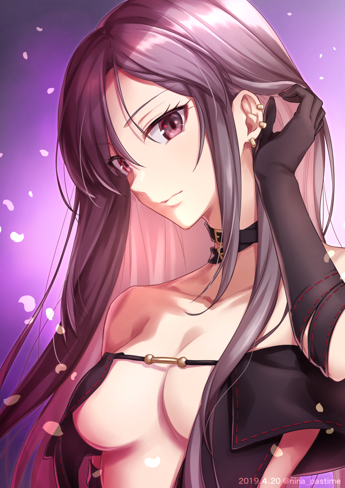 1girl, adjusting_hair, bangs, bare_shoulders, black_choker, black_dress, breasts, brown_eyes
