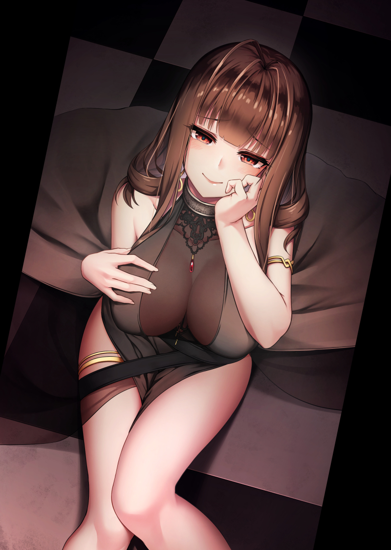 1girl, ahoge, alternate_costume, bangs, bare_shoulders, blunt_bangs, blush, breasts, brown_hair, cleavage, closed_mouth, dress, dsr-50_(girls_frontline), earrings, evening_gown, eyebrows_visible_through_hair, from_above, girls_frontline, hair_ornament, hand_on_own_face, jewelry, large_breasts, long_hair, looking_at_viewer, necklace, red_eyes, ruby_(gemstone), see-through, shoron, sidelocks, smile, solo, thighs, very_long_hair