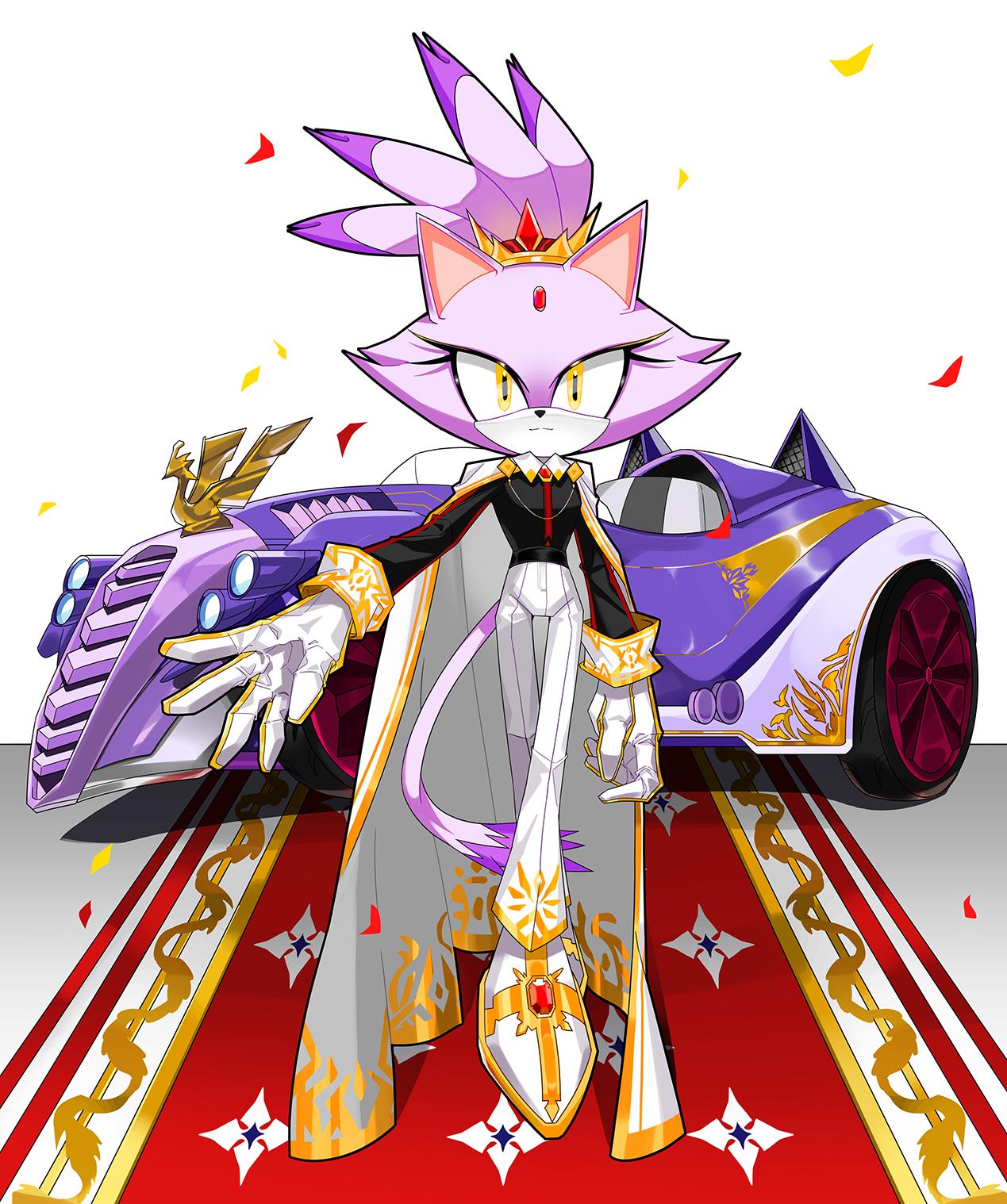 1girl, blaze_the_cat, closed_mouth, commentary, confetti, crossed_legs, eyelashes, forehead_jewel