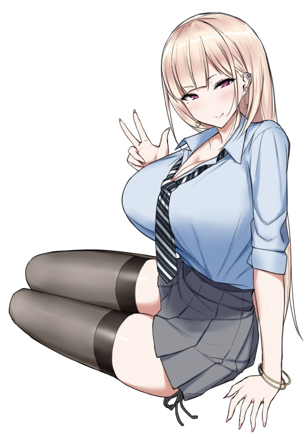 1girl, black_legwear, black_panties, blonde_hair, blush, bracelet, breasts, cleavage, ear_piercing, earrings, gyaru, highres, jewelry, large_breasts, long_hair, looking_at_viewer, nail_polish, nakamura_misaki, nanae, necktie, original, panties, piercing, pink_nails, pleated_skirt, school_uniform, side-tie_panties, sitting, skirt, smile, solo, thigh-highs, underwear, w