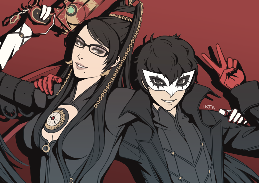 1boy, 1girl, amamiya_ren, amulet, ankle_gun, atlus, bayonetta, bayonetta_(character)