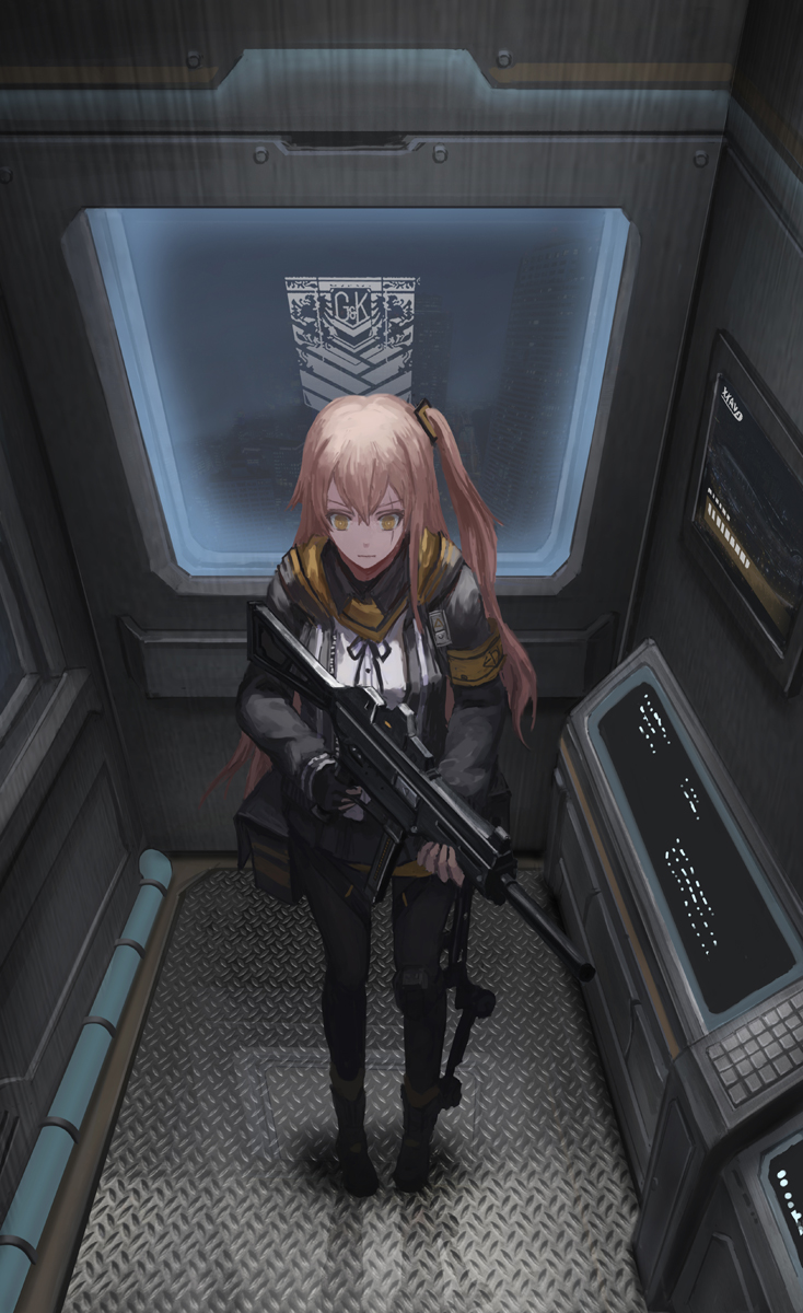 1girl, black_jacket, commentary_request, girls_frontline, grey_hair, gun, h&amp;k_ump45, hair_between_eyes
