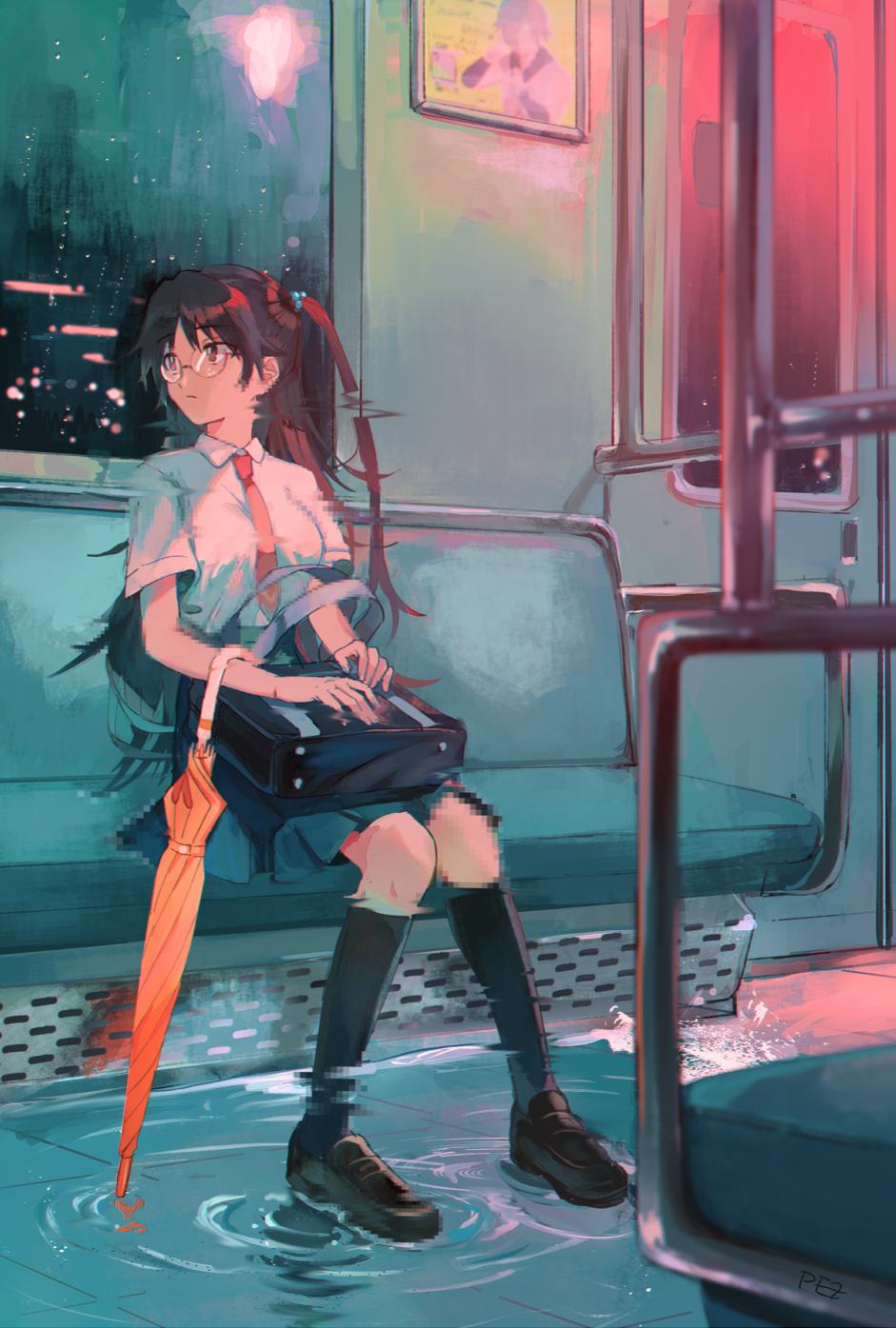 1girl, bag, brown_eyes, brown_hair, commentary_request, distortion, glasses, hair_ornament, highres, kazakiri_hyouka, long_hair, looking_away, necktie, one_side_up, pleated_skirt, qniokun, red_neckwear, school_bag, school_uniform, shirt, short_sleeves, signature, sitting, skirt, solo, to_aru_majutsu_no_index, train_interior, umbrella, water