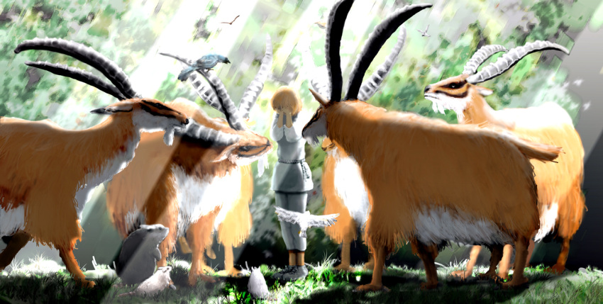 1girl, animal, brown_hair, commentary, dress, forest, kaze_no_tani_no_nausicaa, nature