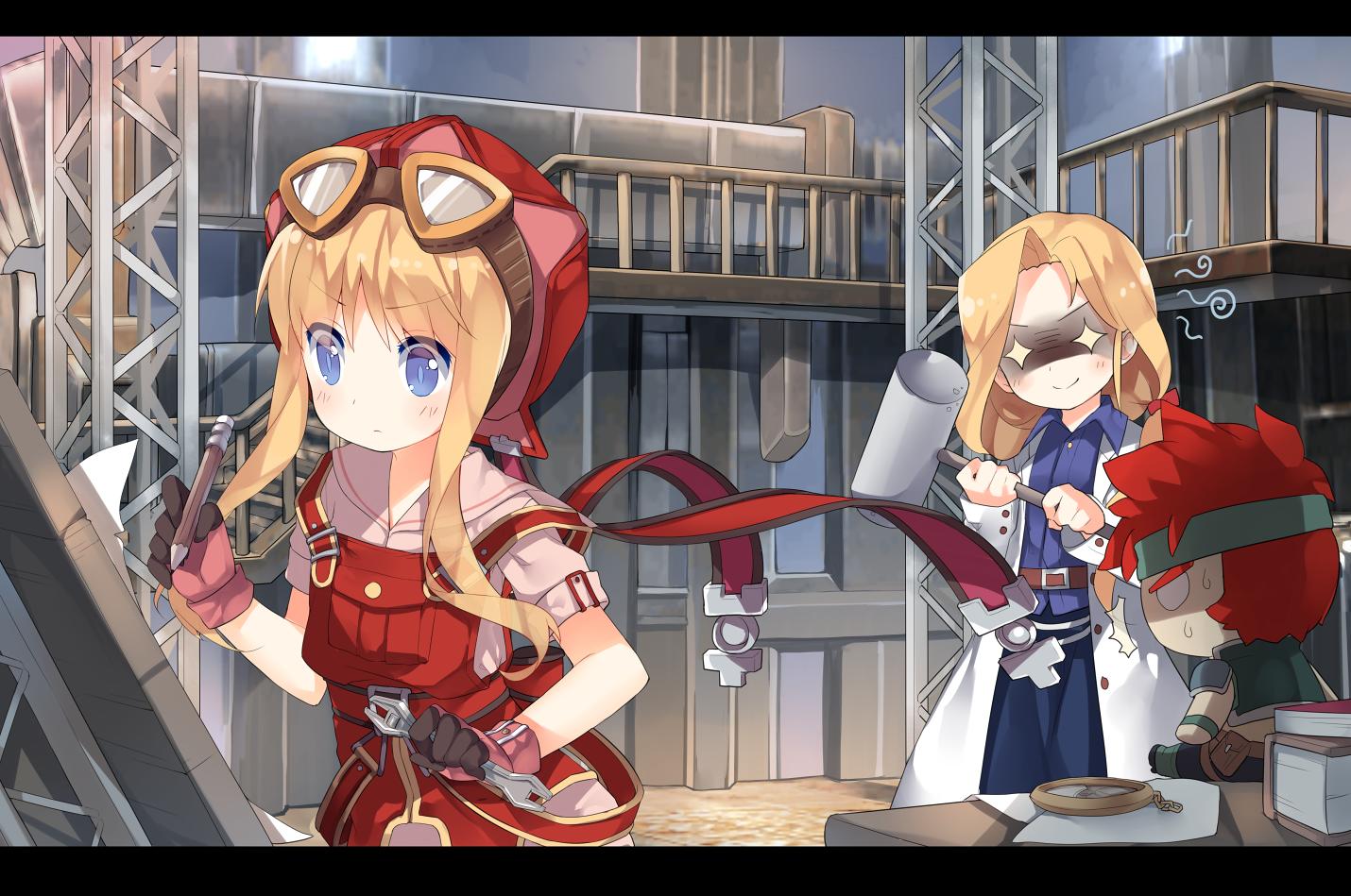 /\/\/\, 2girls, agate_crosner, asymmetrical_bangs, bangs, belt, blonde_hair, blue_eyes, blue_shirt, book, collared_shirt, cowboy_shot, drawing, drawing_board, eiyuu_densetsu, erika_russell_(eiyuu_densetsu), evil_smile, eyebrows_visible_through_hair, eyes_visible_through_hair, gloves, goggles, goggles_on_headwear, hat, labcoat, letterboxed, long_hair, long_sleeves, mallet, mother_and_daughter, multiple_girls, overalls, pencil, pink_gloves, pink_shirt, pocket_watch, railing, red_headwear, saru, shaded_face, shirt, short_hair_with_long_locks, short_sleeves, skirt, smile, sora_no_kiseki, sparkling_eyes, squiggle, stuffed_toy, sweatdrop, table, tita_russell, warehouse, watch, wrench