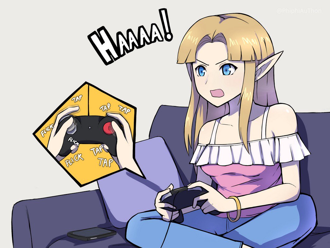 1girl, afterimage, alternate_costume, bangle, bangs, bare_shoulders, blonde_hair, blouse, blue_eyes, bracelet, breasts, casual, cellphone, collarbone, commentary, controller, couch, denim, elf, english_commentary, feet_out_of_frame, forehead, frilled_shirt, frills, game_controller, gameplay_mechanics, grey_background, holding, hylian, indian_style, inset, jeans, jewelry, long_hair, nintendo, nintendo_ead, off-shoulder_shirt, off_shoulder, on_couch, open_mouth, pants, parody, parted_bangs, phiphi-au-thon, phone, pillow, pink_blouse, pink_shirt, pointy_ears, princess_zelda, shirt, sidelocks, simple_background, sitting, small_breasts, smartphone, solo, sora_(company), straight_hair, super_smash_bros., super_smash_bros._ultimate, super_smash_bros_melee, the_legend_of_zelda, the_legend_of_zelda:_a_link_between_worlds, the_legend_of_zelda:_a_link_to_the_past, v-shaped_eyebrows