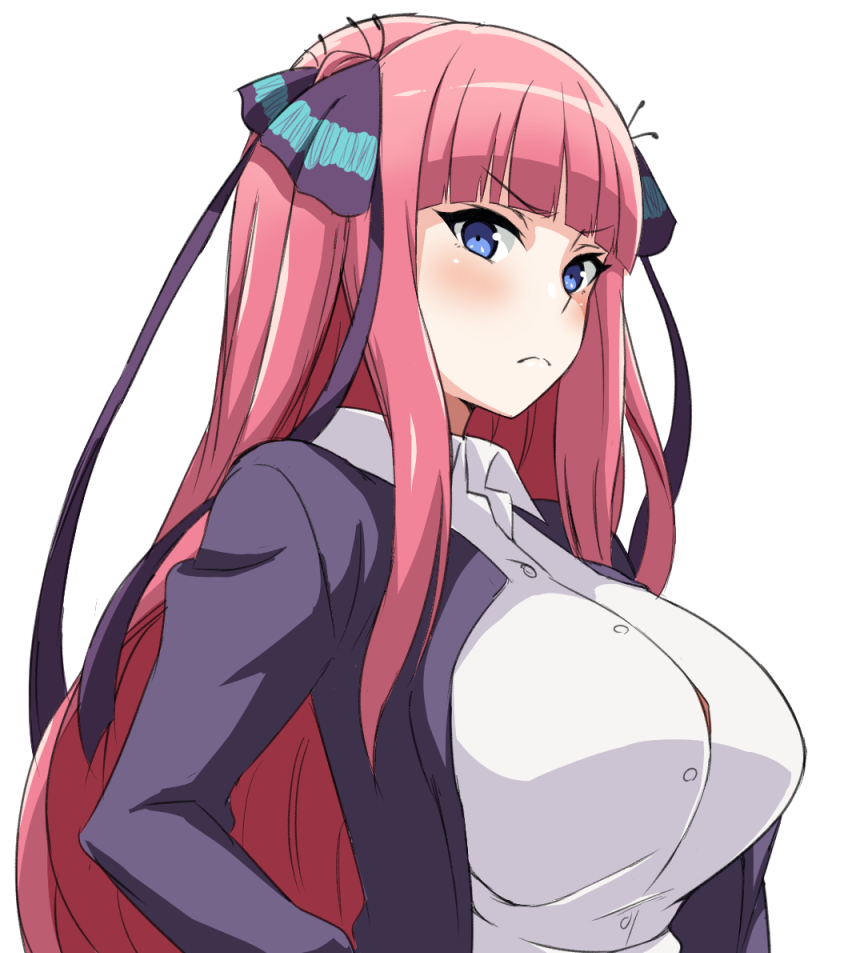 1girl, bangs, black_jacket, blue_eyes, blunt_bangs, blush, breasts, button_gap