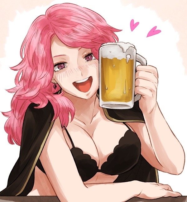 1girl, alcohol, bad_id, bad_pixiv_id, beer, beer_mug, black_clover, blush, bra, breasts, cleavage, cup, heart, long_hair, mug, open_mouth, pink_hair, simple_background, smile, underwear, vanessa_enoteca, violet_eyes, white_background, yoshitaro_(almendra)