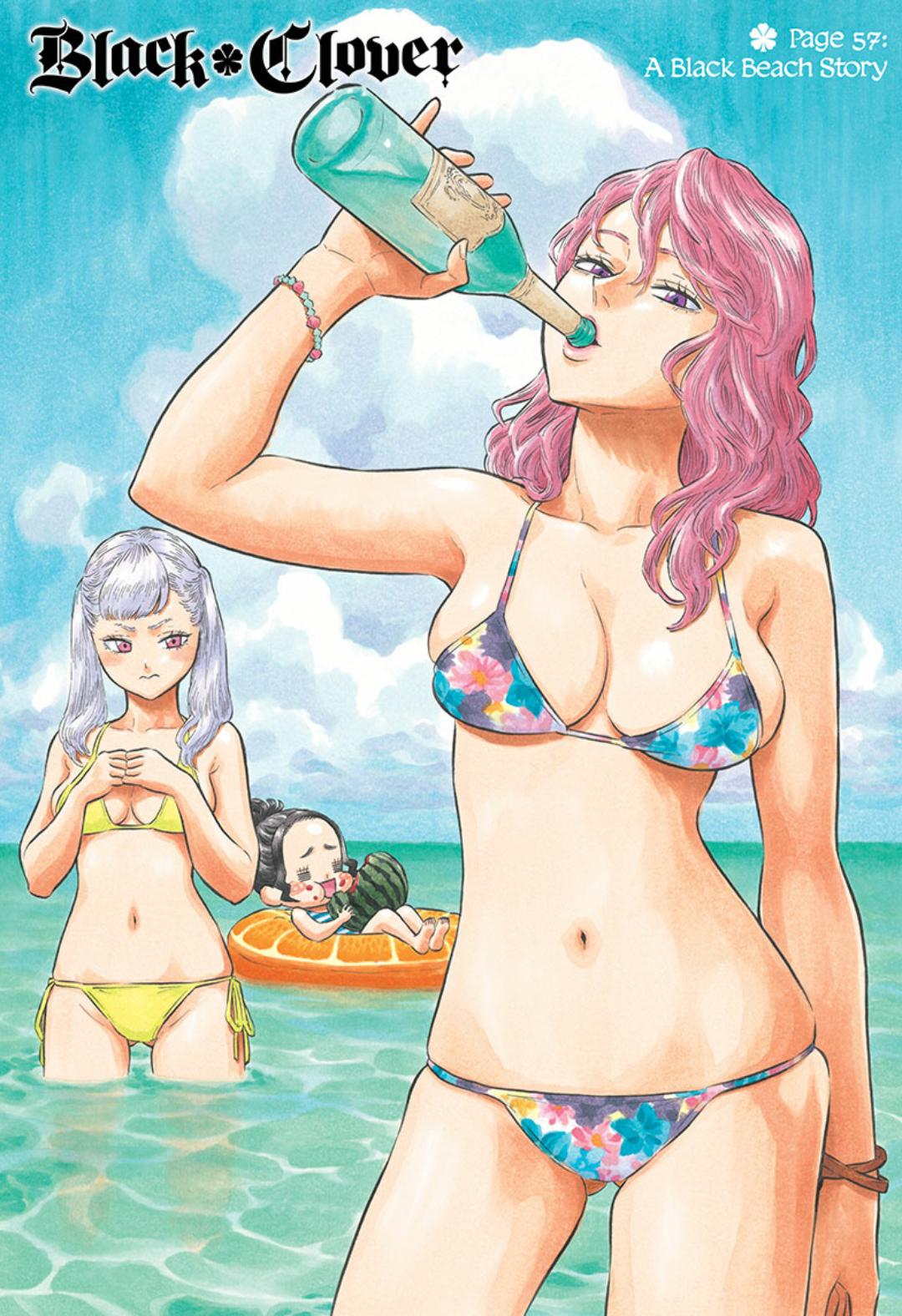 3girls, =_=, alcohol, bikini, black_clover, black_hair, bottle, breasts