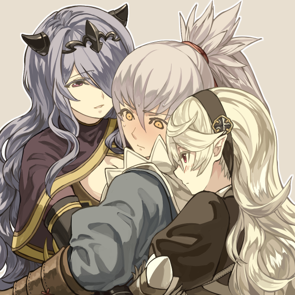 1boy, 2girls, blush, camilla_(fire_emblem_if), eyebrows_visible_through_hair, female_my_unit_(fire_emblem_if), fire_emblem, fire_emblem_if