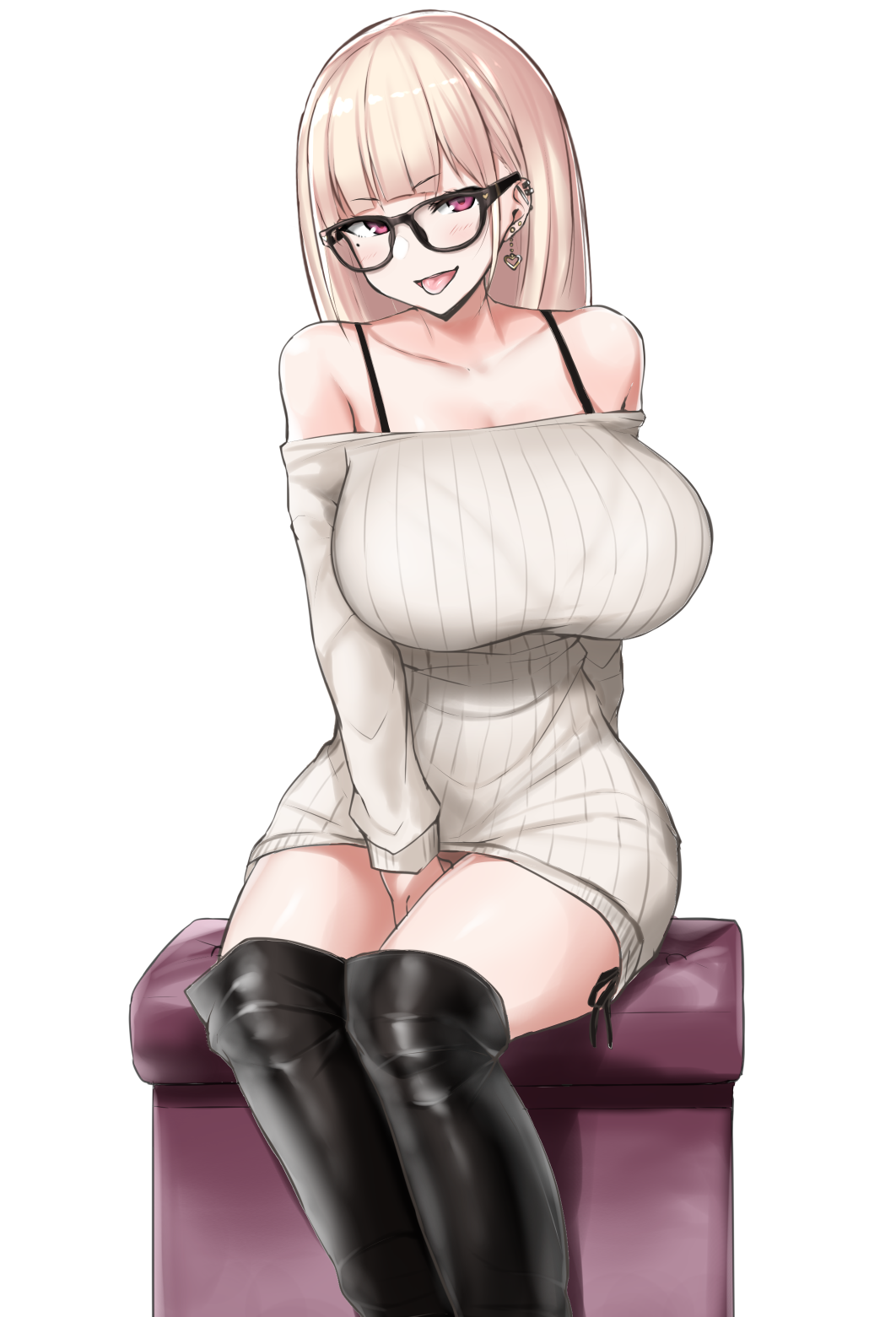 1girl, :p, bad_id, bangs, between_legs, blonde_hair, blunt_bangs, blush