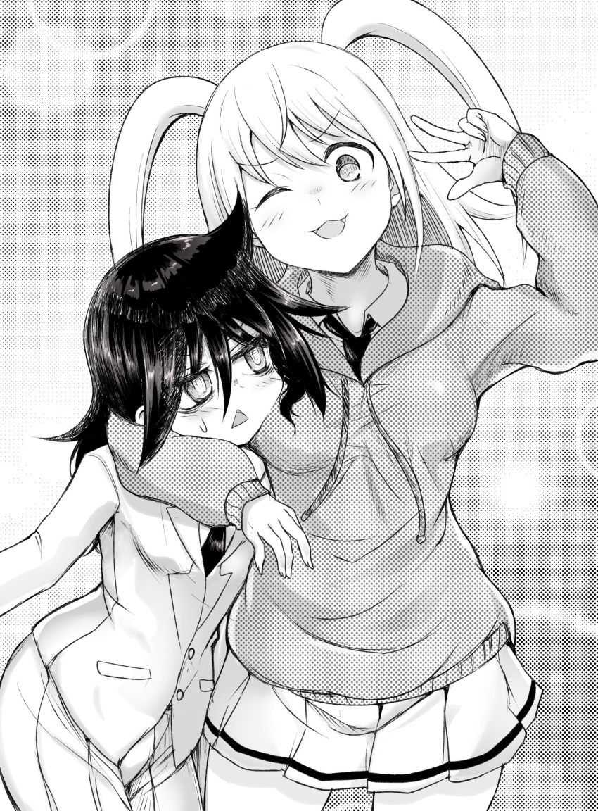2girls, ;3, absurdres, arms_around_neck, bags_under_eyes, black_hair, breasts, closed_eyes, couple, hair_between_eyes, highres, holding, hood, hoodie, hug, kuroki_tomoko, large_breasts, long_hair, looking_at_another, looking_at_viewer, multiple_girls, necktie, nemoto_hina, open_mouth, pink_hair, pleated_skirt, school_uniform, shirt, simple_background, skirt, sweatdrop, tomato_cyuki, twintails, v, watashi_ga_motenai_no_wa_dou_kangaetemo_omaera_ga_warui!, white_shirt, yuri