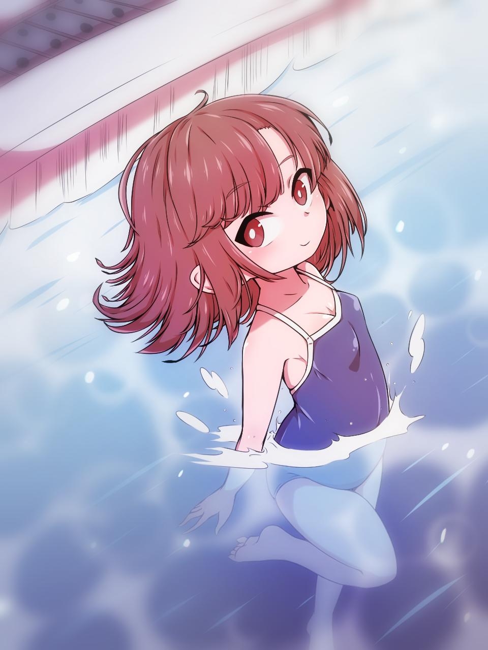 1girl, blurry, breasts, cleavage, depth_of_field, foreshortening, from_above, full_body