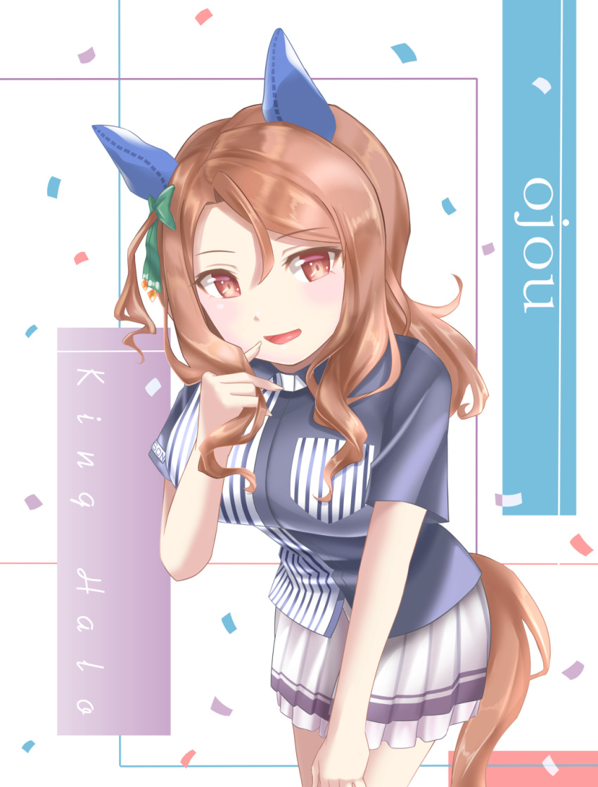 1girl, alternate_costume, blue_shirt, bow, brown_eyes, brown_hair, character_name, commentary_request