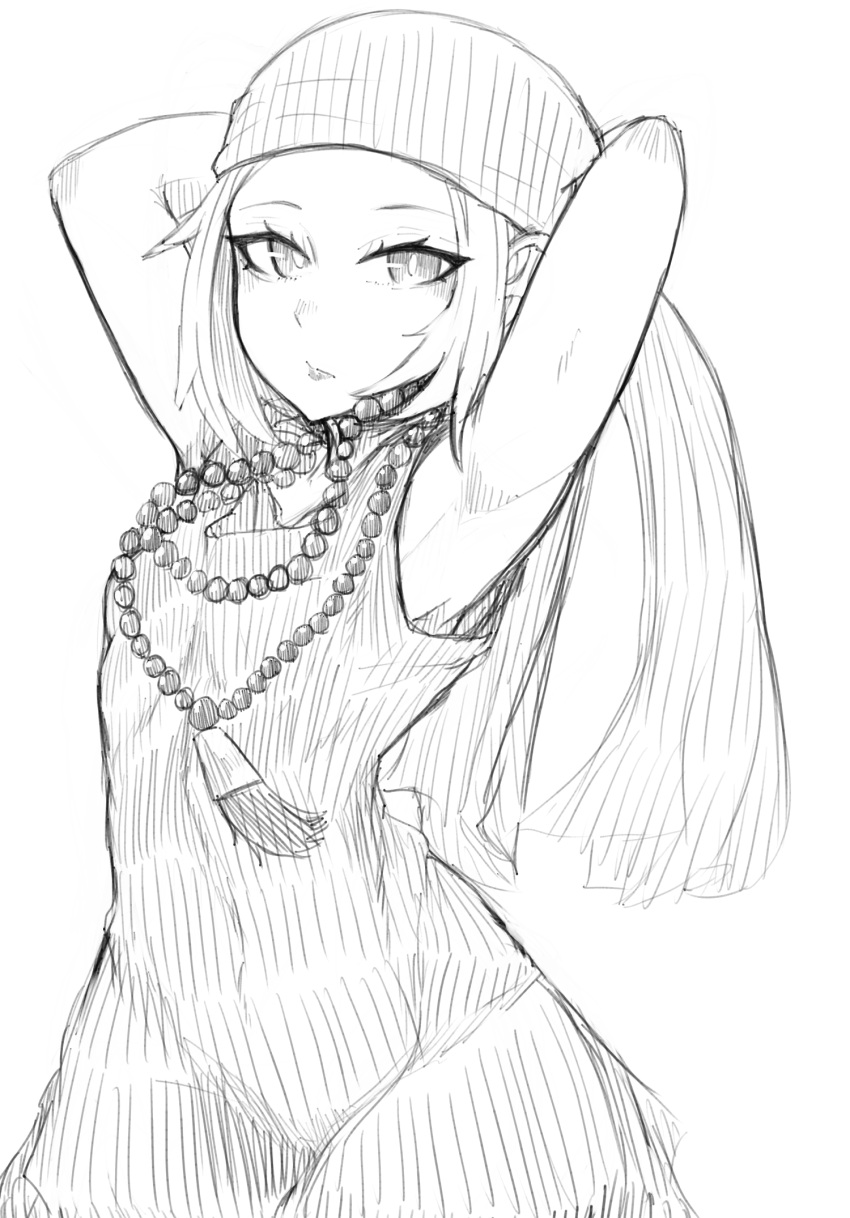 1girl, armpits, arms_behind_head, arms_up, bandanna, bead_necklace, beads, closed_mouth, cowboy_shot, dress, eyelashes, highres, jewelry, kyouyama_anna, lips, long_hair, looking_at_viewer, monochrome, necklace, shaman_king, simple_background, sketch, sleeveless, sleeveless_dress, solo, tsurime, white_background, wotnwkd1544
