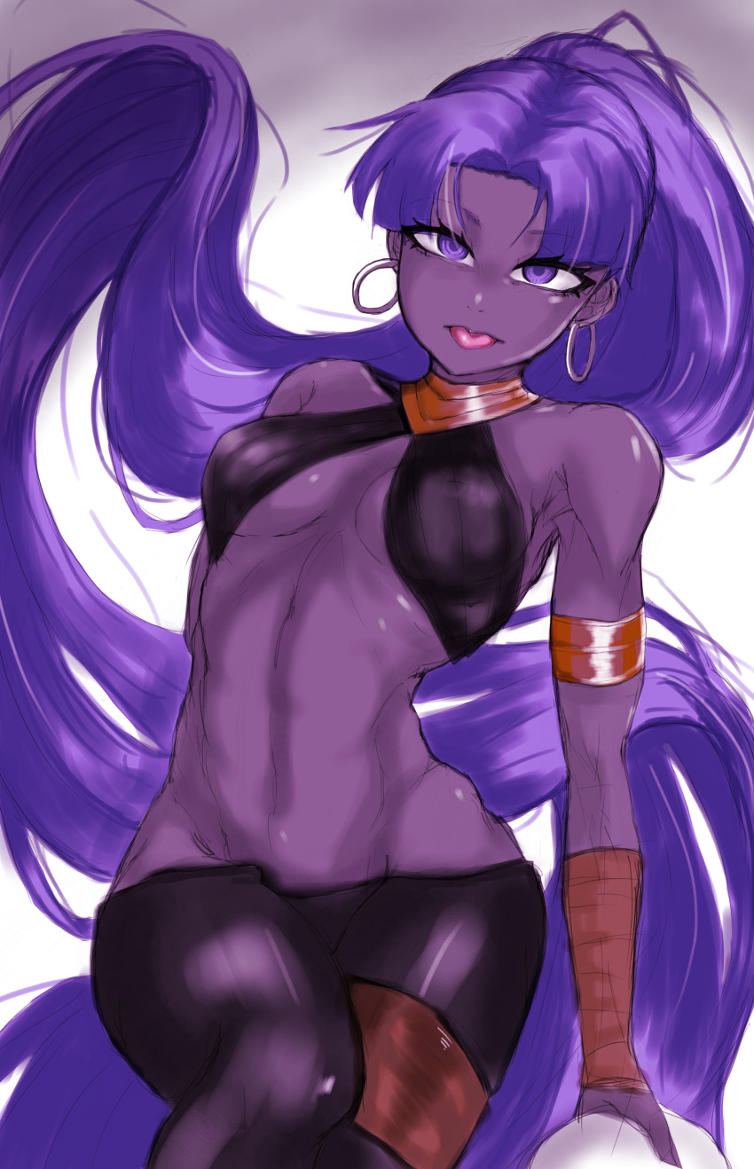 1girl, absurdly_long_hair, absurdres, arched_back, arm_support, armlet, assassin_(fate/zero), breasts, cleavage, cowboy_shot, dark_skin, earrings, fate/grand_order, fate_(series), groin, halter_top, halterneck, high_ponytail, highres, hip_focus, hoop_earrings, jewelry, long_hair, lowleg, lowleg_pants, midriff, navel, pants, ponytail, purple_hair, ribbon_bangs, solo, tongue, tongue_out, very_long_hair, violet_eyes, white_background, wotnwkd1544, wrist_wrap