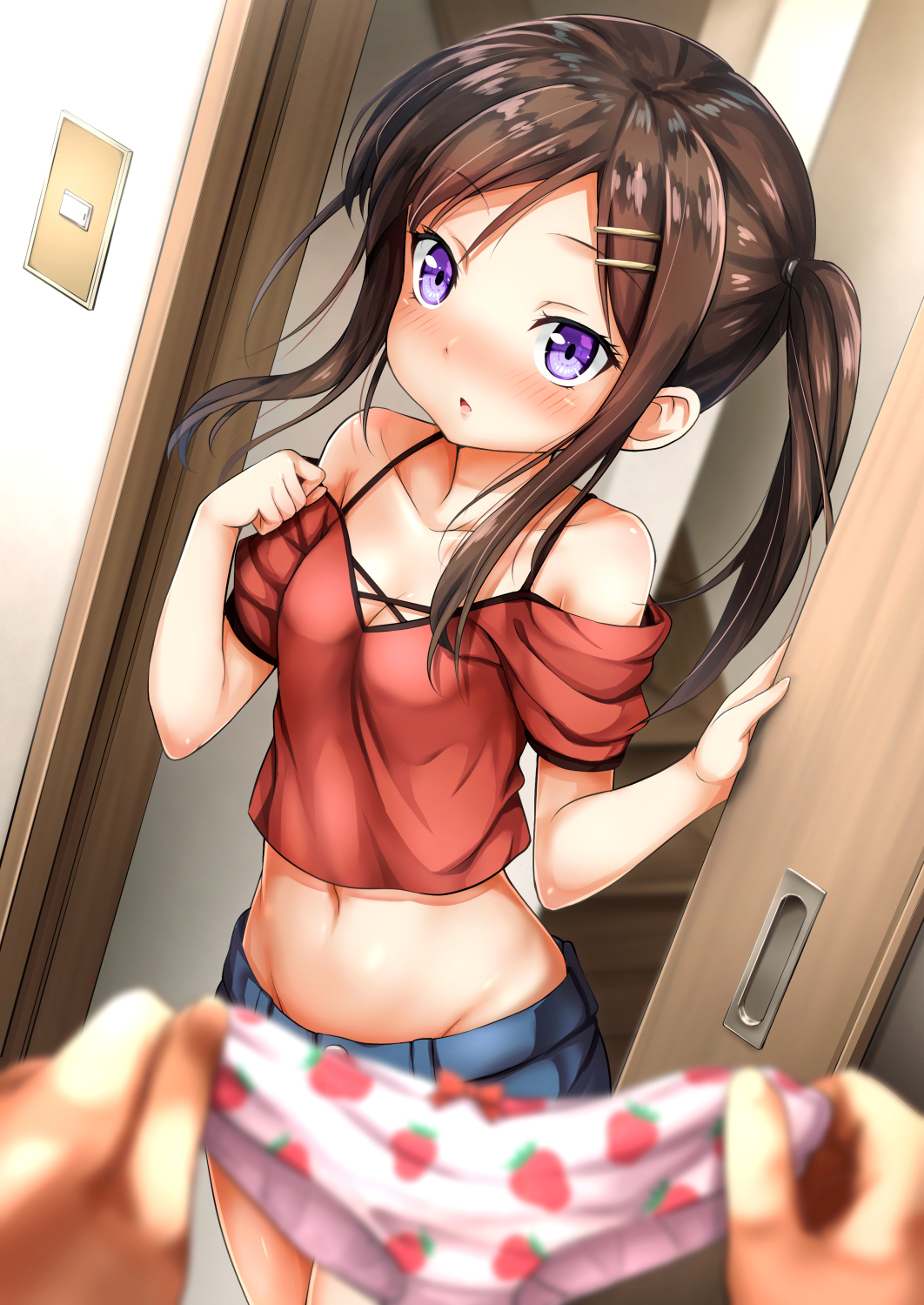 1girl, bangs, bare_shoulders, blue_shorts, blurry, blurry_background, blush, bow