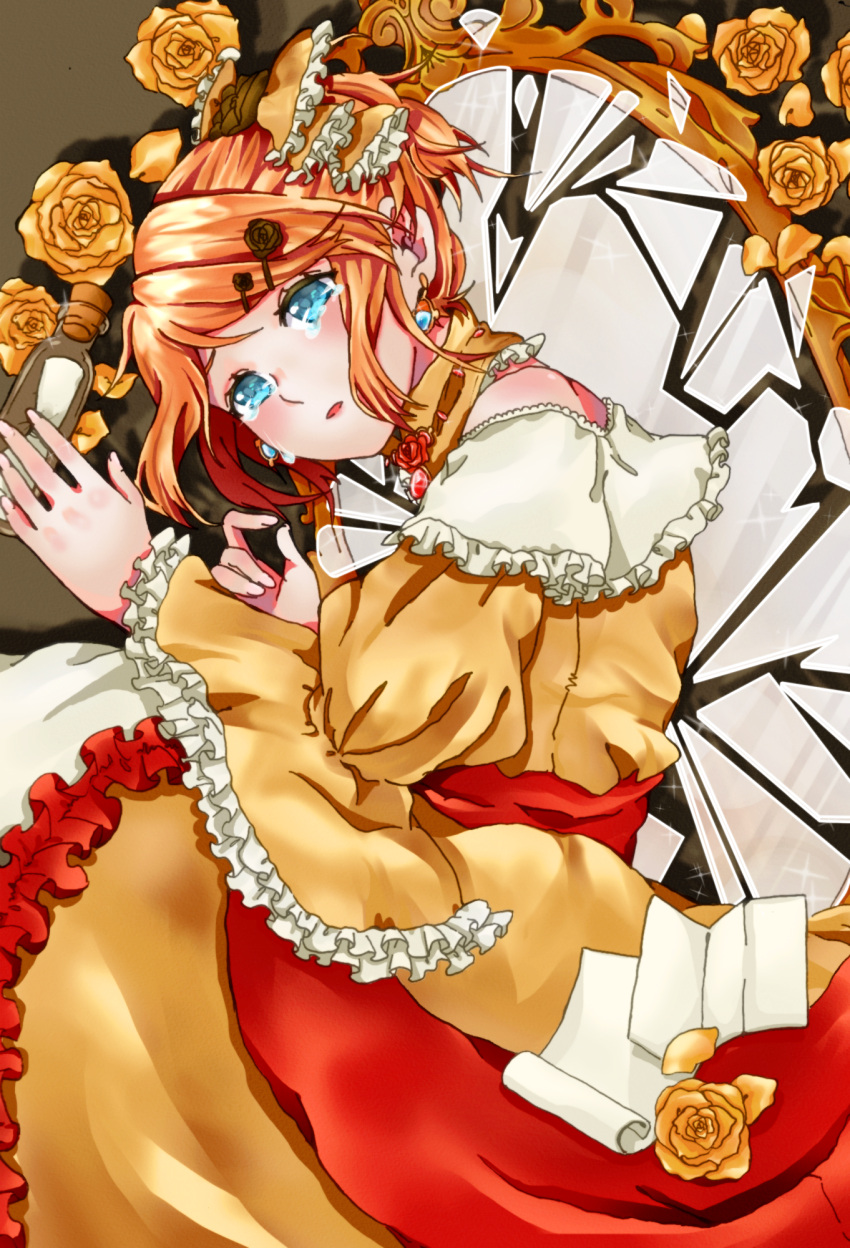 1girl, aku_no_musume_(vocaloid), aqua_eyes, bare_shoulders, blonde_hair, blue_eyes, bottle, bow