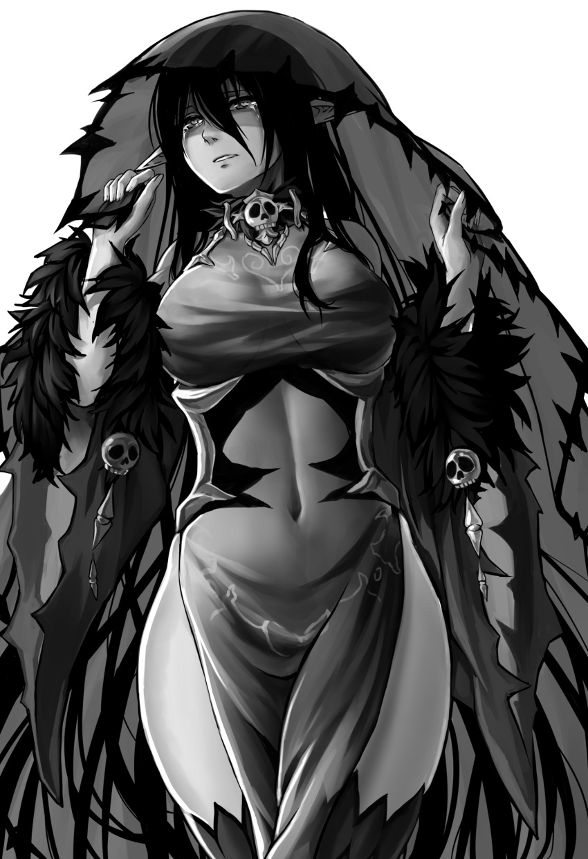 1girl, banshee_(monster_girl_encyclopedia), bare_shoulders, black_dress, black_hair, black_legwear, breasts, detached_sleeves
