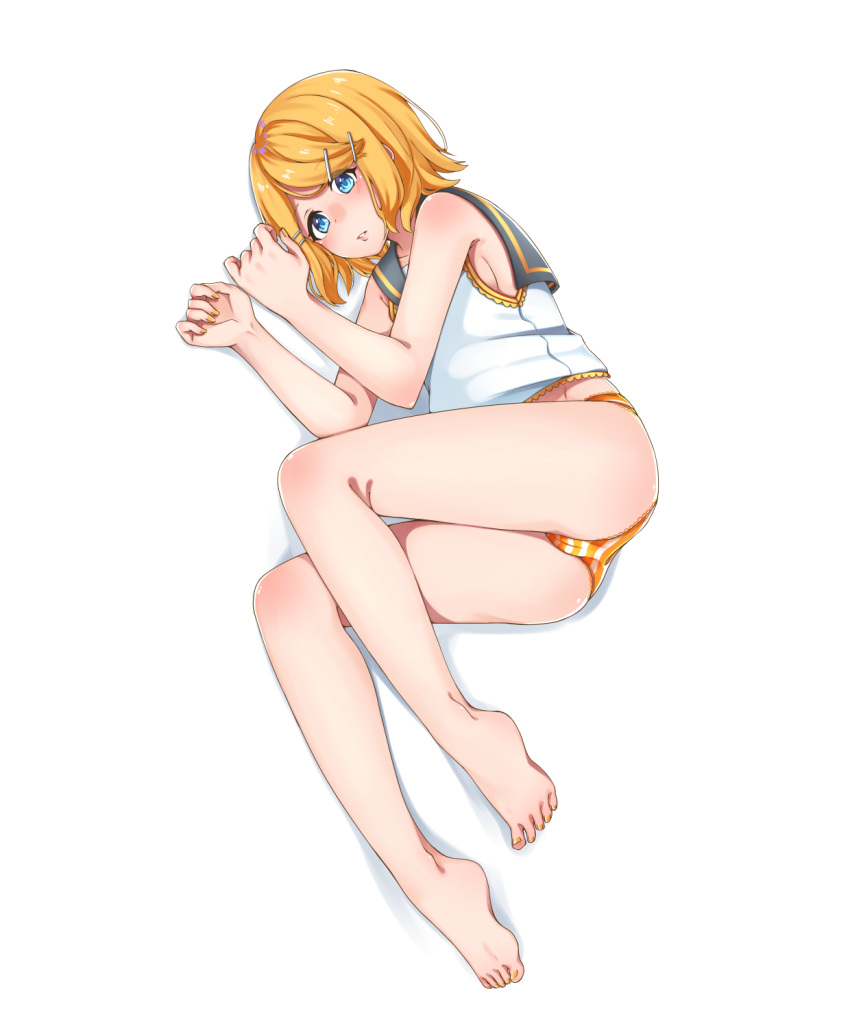 1girl, bangs, barefoot, blonde_hair, blue_eyes, blush, breasts, fetal_position