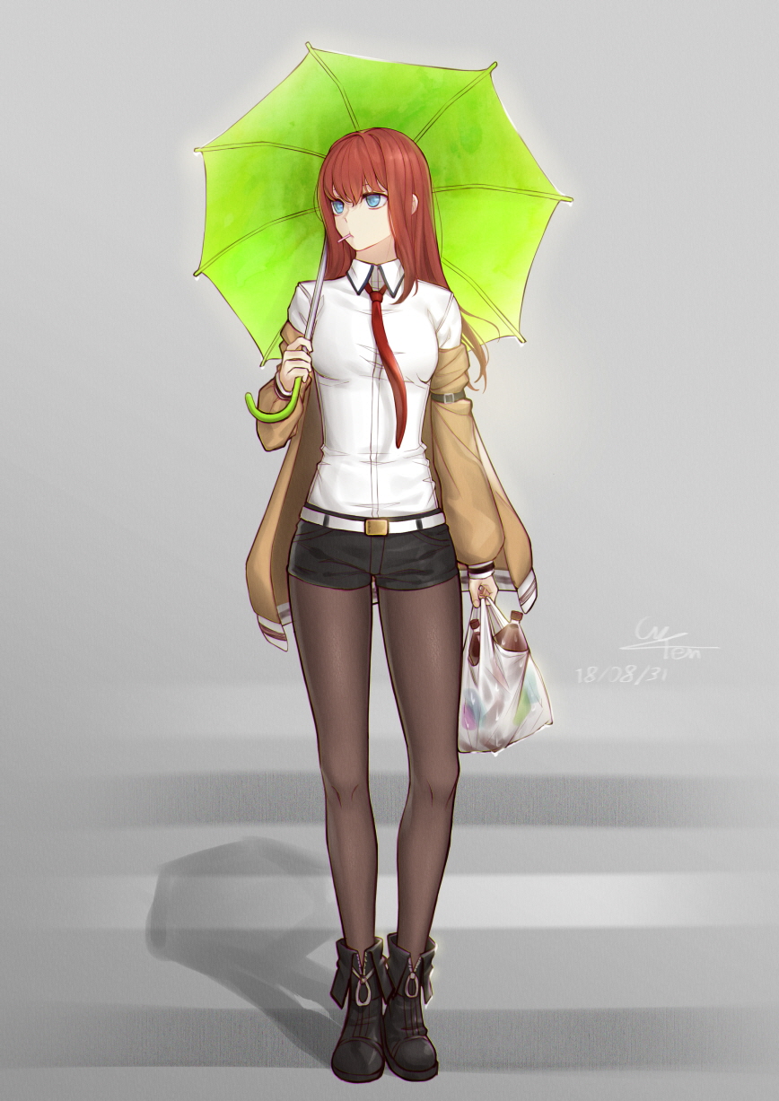 1girl, bag, bangs, belt, black_footwear, black_legwear, black_shorts, blue_eyes, boots, brown_hair, brown_jacket, candy, clothes_down, collared_shirt, dated, dress_shirt, floating_hair, food, full_body, green_umbrella, grey_background, highres, holding, holding_bag, holding_umbrella, jacket, lollipop, long_hair, looking_to_the_side, makise_kurisu, necktie, open_clothes, open_jacket, pantyhose, plastic_bag, red_neckwear, shadow, shirt, short_shorts, shorts, signature, solo, standing, steins;gate, ten_cws, umbrella, white_shirt, wing_collar
