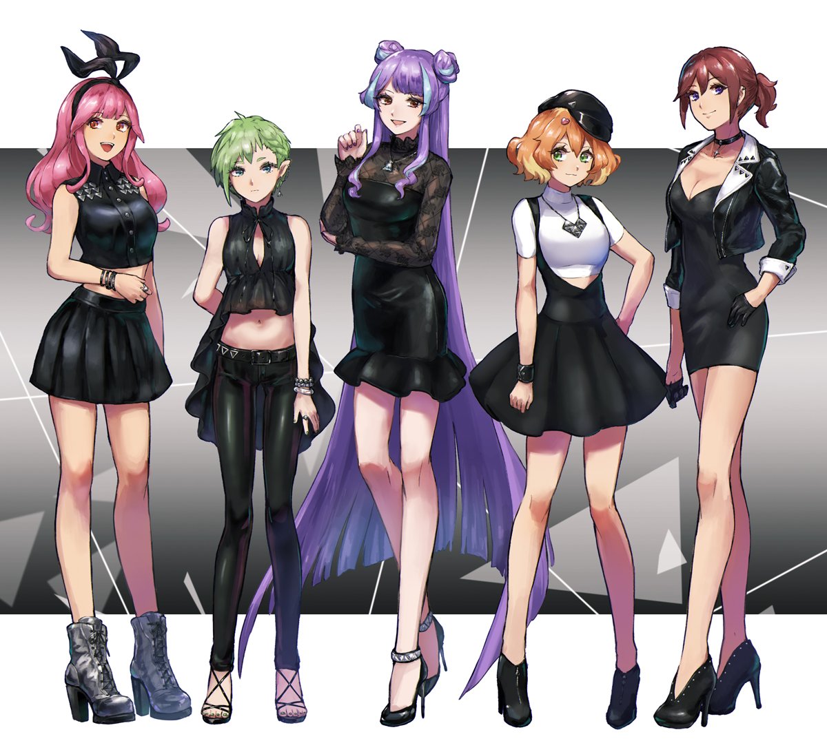 5girls, :d, asymmetrical_hair, black_dress, black_footwear, black_gloves, black_hairband, black_headwear