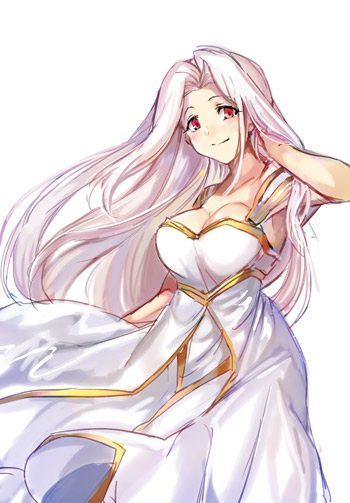 1girl, breasts, cleavage, dress, fate/zero, fate_(series), floating_hair, hair_intakes