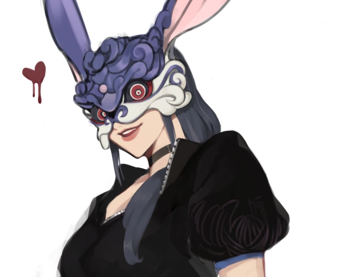 1girl, black_choker, bunny_mask, choker, dripping, face, fishfall, grey_hair