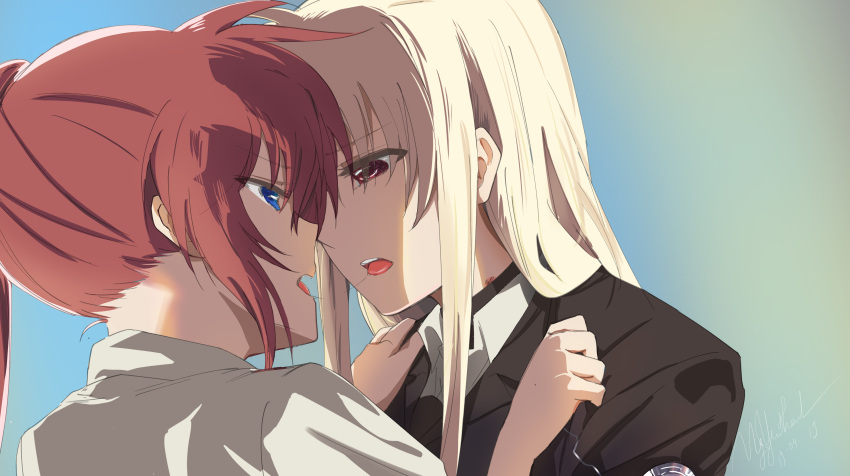 2girls, absurdres, blonde_hair, brown_hair, eye_contact, fate_testarossa, highres, imminent_kiss