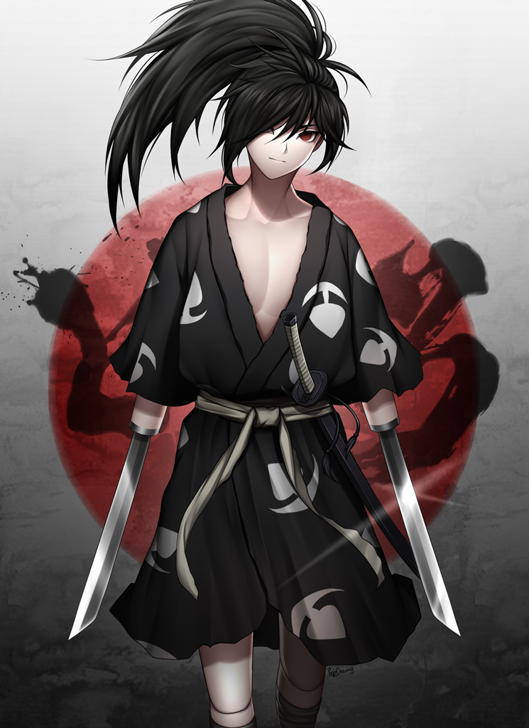 1boy, artist_name, black_hair, collarbone, commentary, dororo_(tezuka), english_commentary, hair_over_one_eye