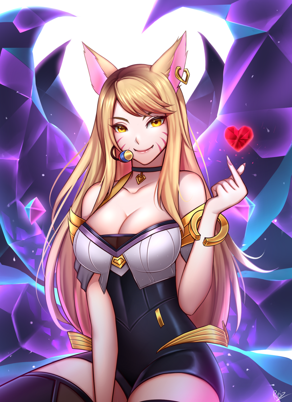 1girl, ahri, animal_ears, bare_shoulders, blonde_hair, breasts, cleavage, commentary