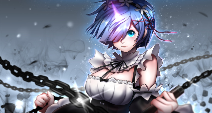 1girl, blue_eyes, blue_hair, breasts, chains, commentary, detached_sleeves, flower