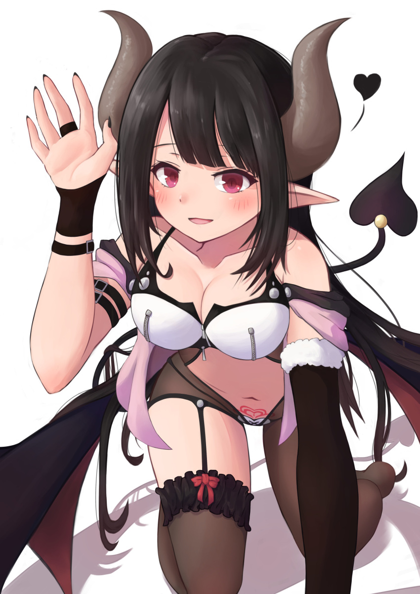 1girl, absurdres, asymmetrical_legwear, asymmetrical_sleeves, b7669726, bare_shoulders, black_hair, black_wings, blush, bow, breasts, cleavage, commentary_request, demon_girl, demon_horns, demon_tail, demon_wings, dot_nose, fur_trim, hand_up, heart, heart_tail, highres, horns, long_hair, looking_at_viewer, medium_breasts, nail_polish, navel, original, parted_lips, pointy_ears, pubic_tattoo, simple_background, smile, solo, succubus, tail, tattoo, thigh-highs, violet_eyes, white_background, wings