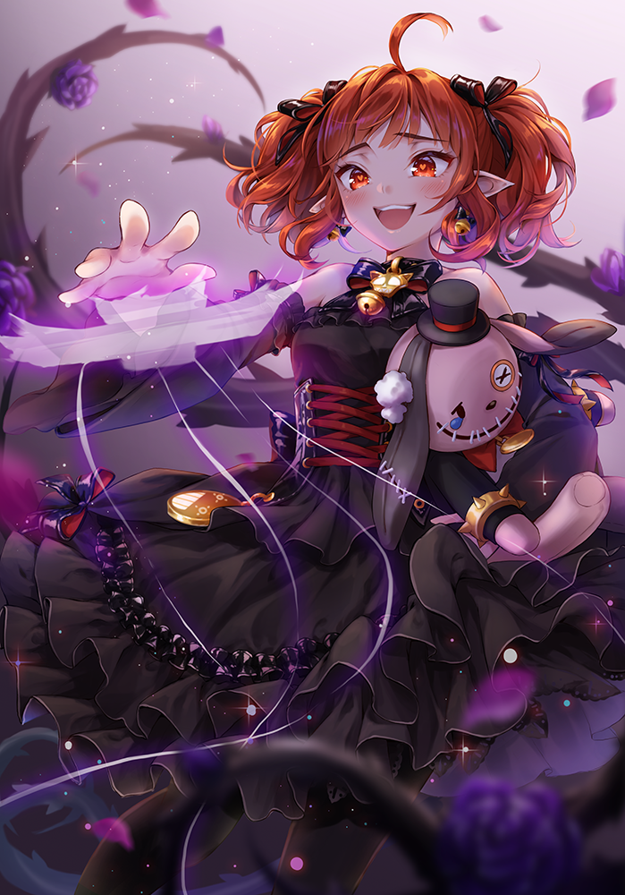 1girl, ahoge, bangs, bare_shoulders, black_bow, black_dress, black_headwear, black_legwear