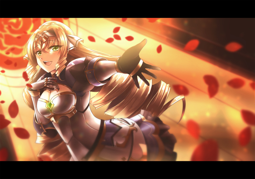 1girl, :d, ateliae, black_gloves, blonde_hair, breasts, cleavage, dress