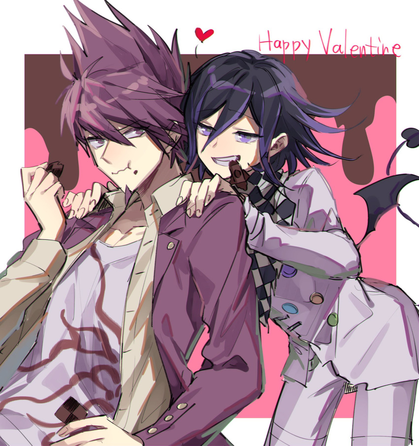 2boys, beard, black_wings, chocolate, collarbone, commentary_request, dangan_ronpa, demon_girl