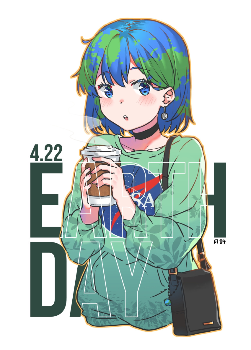 1girl, bag, blue_eyes, blue_hair, blush, coffee_cup, cup, dated