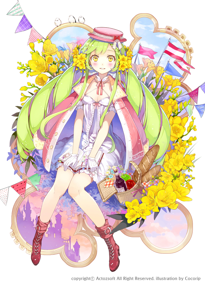 1girl, apple, artist_name, baguette, bird, blush, boater_hat, book