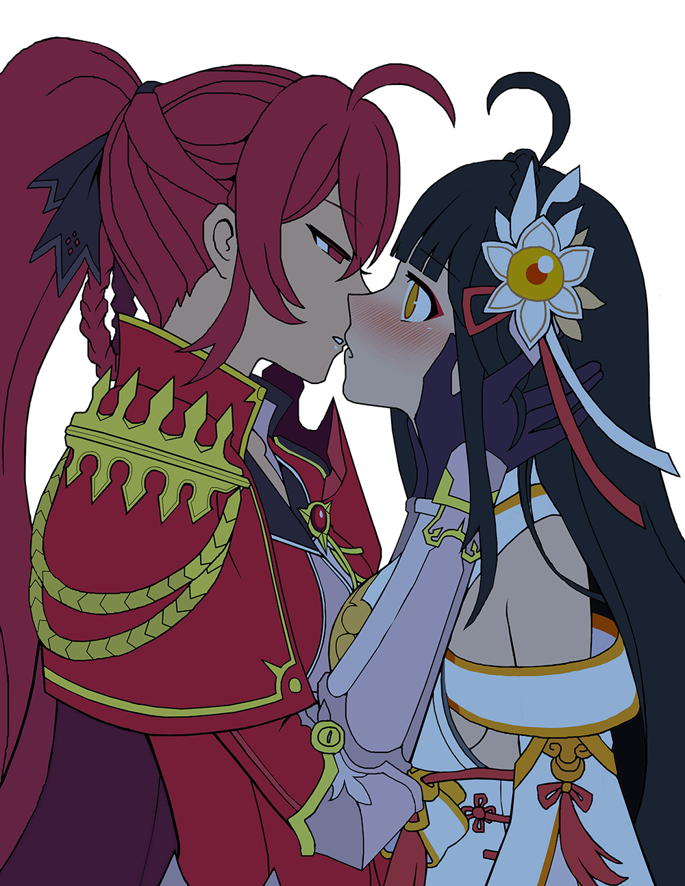 2girls, ahoge, apsara_(elsword), ara_han, black_hair, blush, braid, breasts